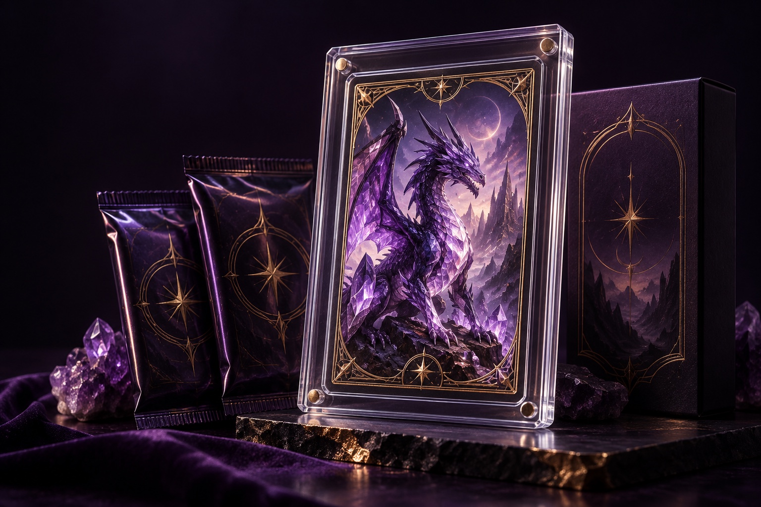 Illustrazione di una carta fantasy viola in custodia protettiva, con bustine e box decorati in oro